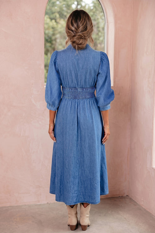Blue 100% Cotton V Neck Shirred Waist Metal Zipper Denim Midi Dress