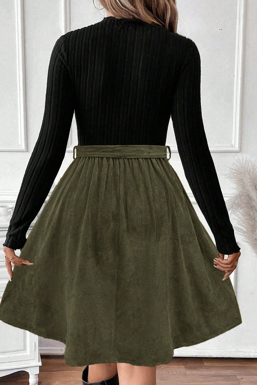Black Ribbed Knit Slim Bodice Contrast Flared Skirt Patchwork Belted Dress