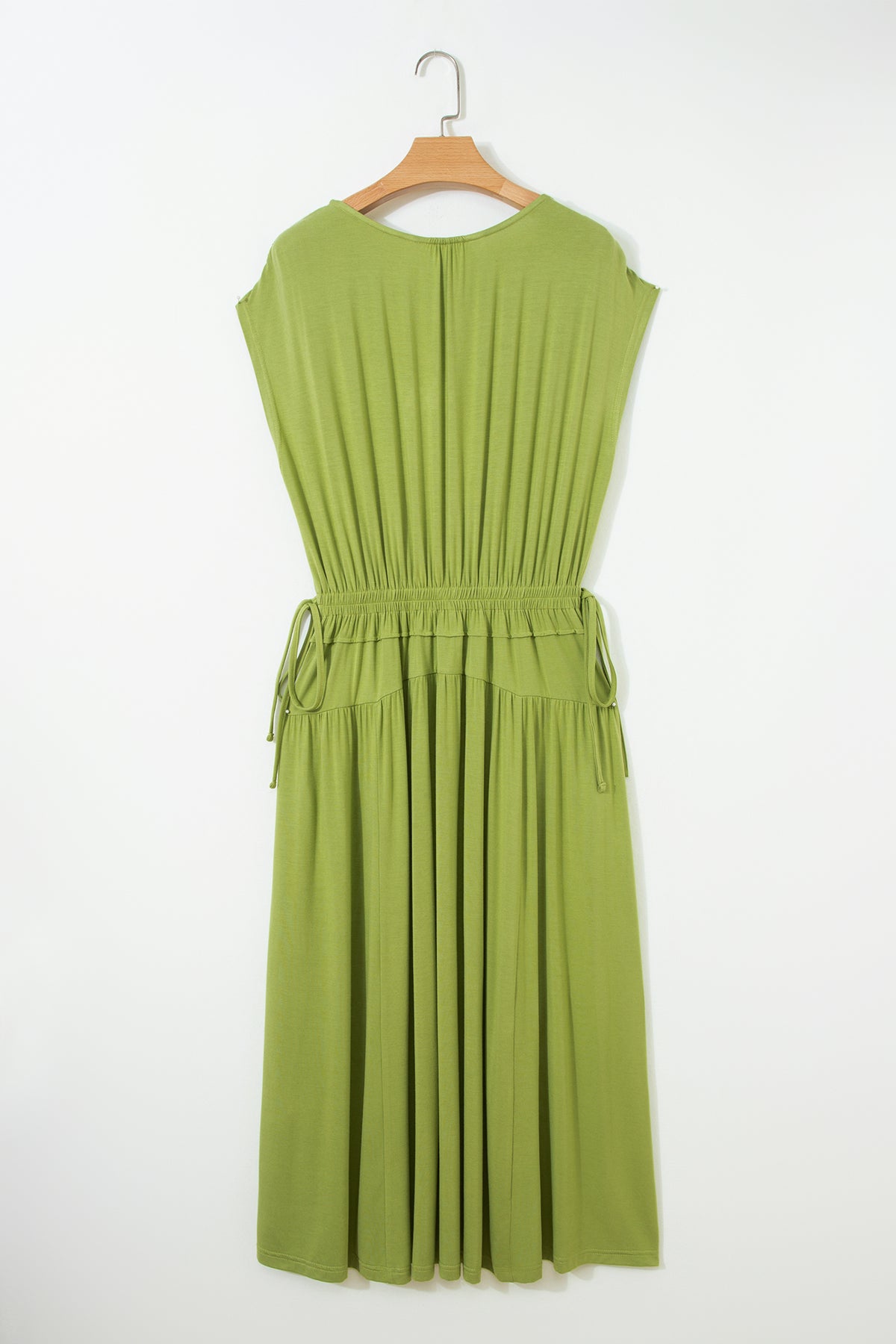 Fern Green Solid V Neck Cap Sleeve Tunic Elastic Waist Versatile Maxi Dress