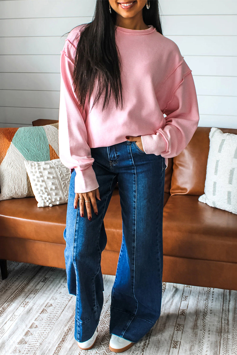 Pink Solid Color Exposed Seam Long Sleeve Top