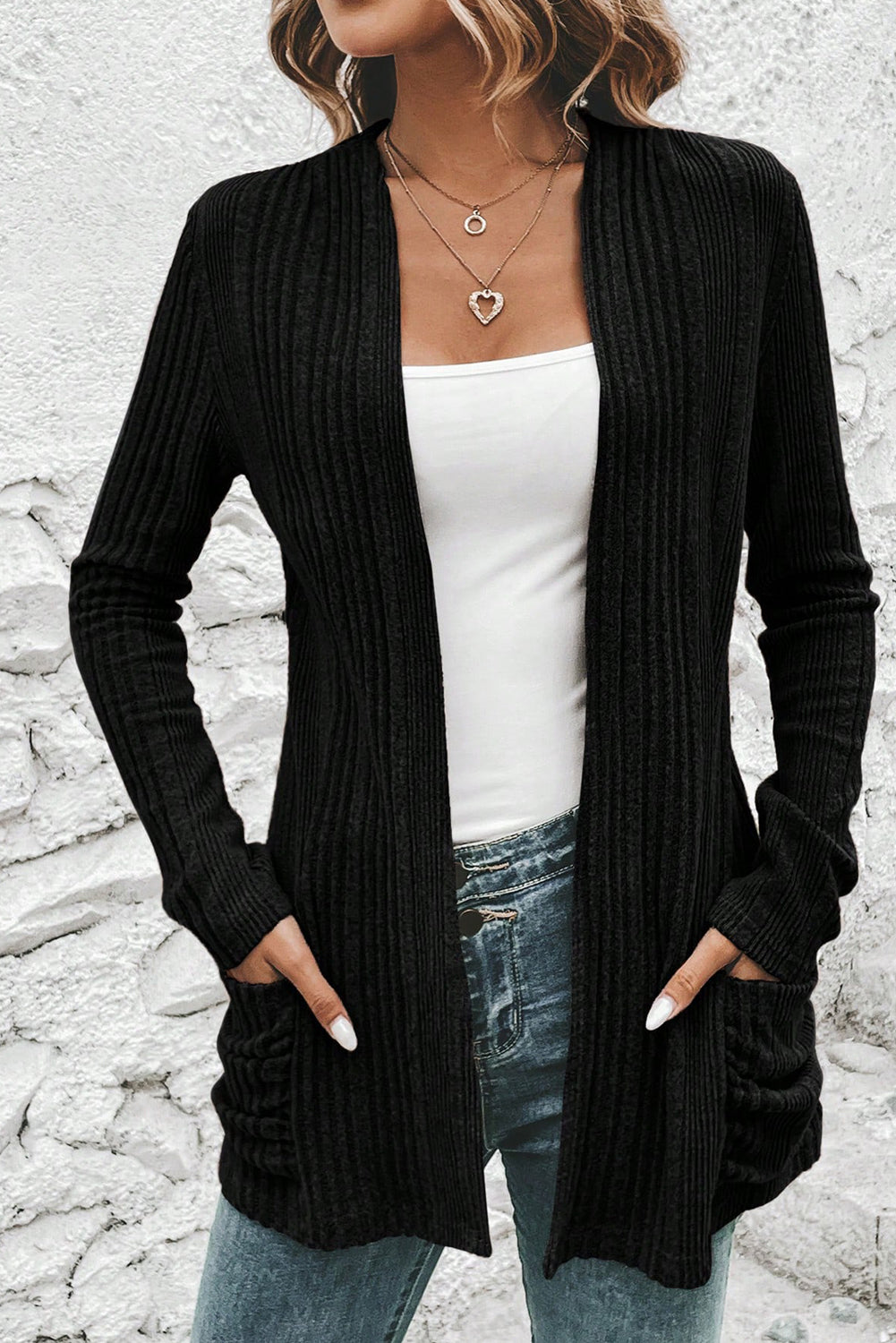 Stone Blue Ribbed Open Front Knitted Top with Pockets