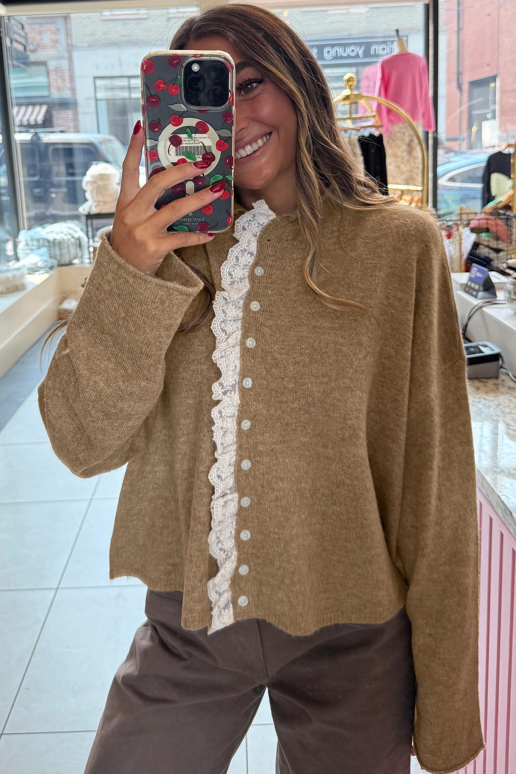 Simply Taupe Contrast Frilled Lace Trim Loose Cardigan Sweater