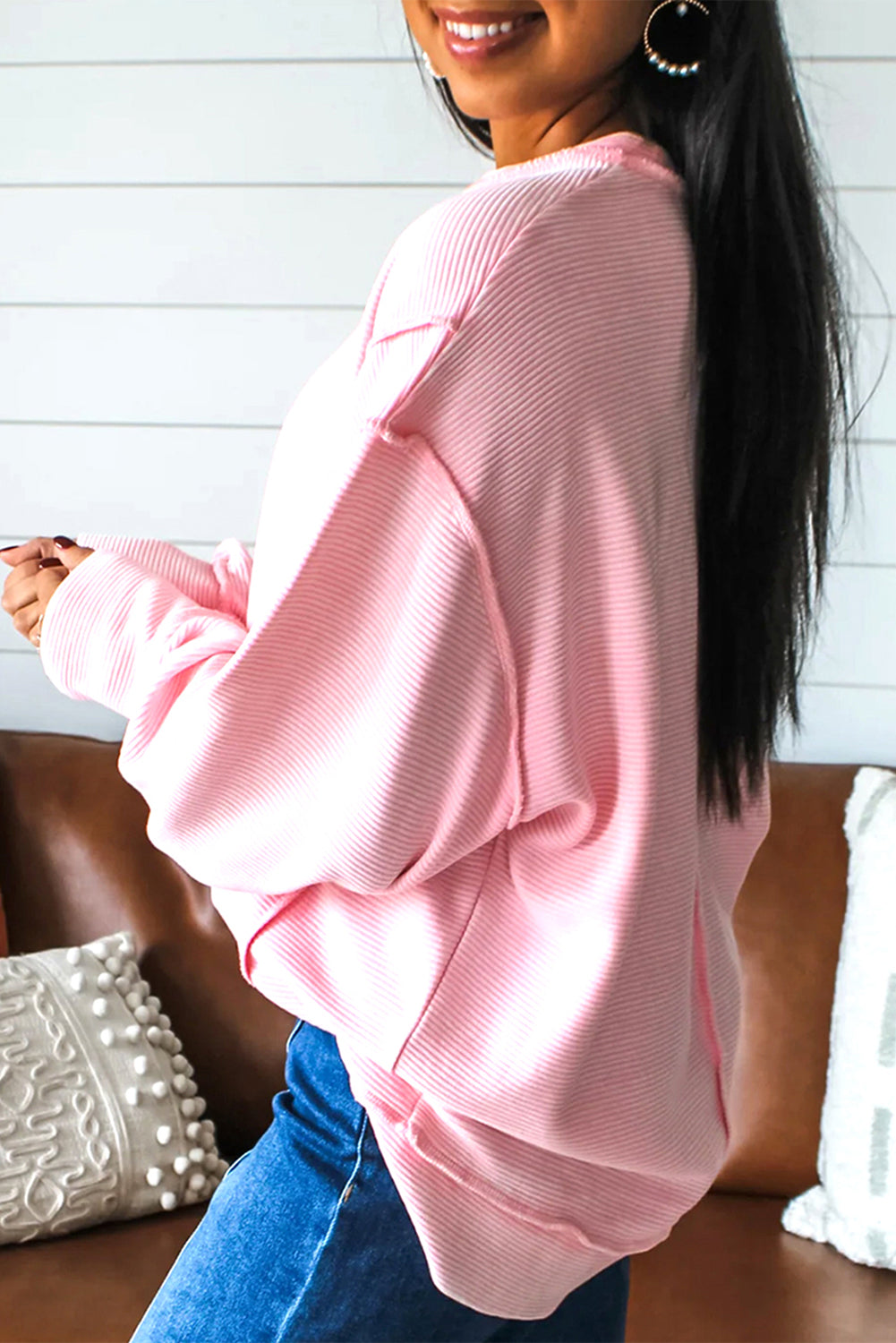 Pink Solid Color Exposed Seam Long Sleeve Top