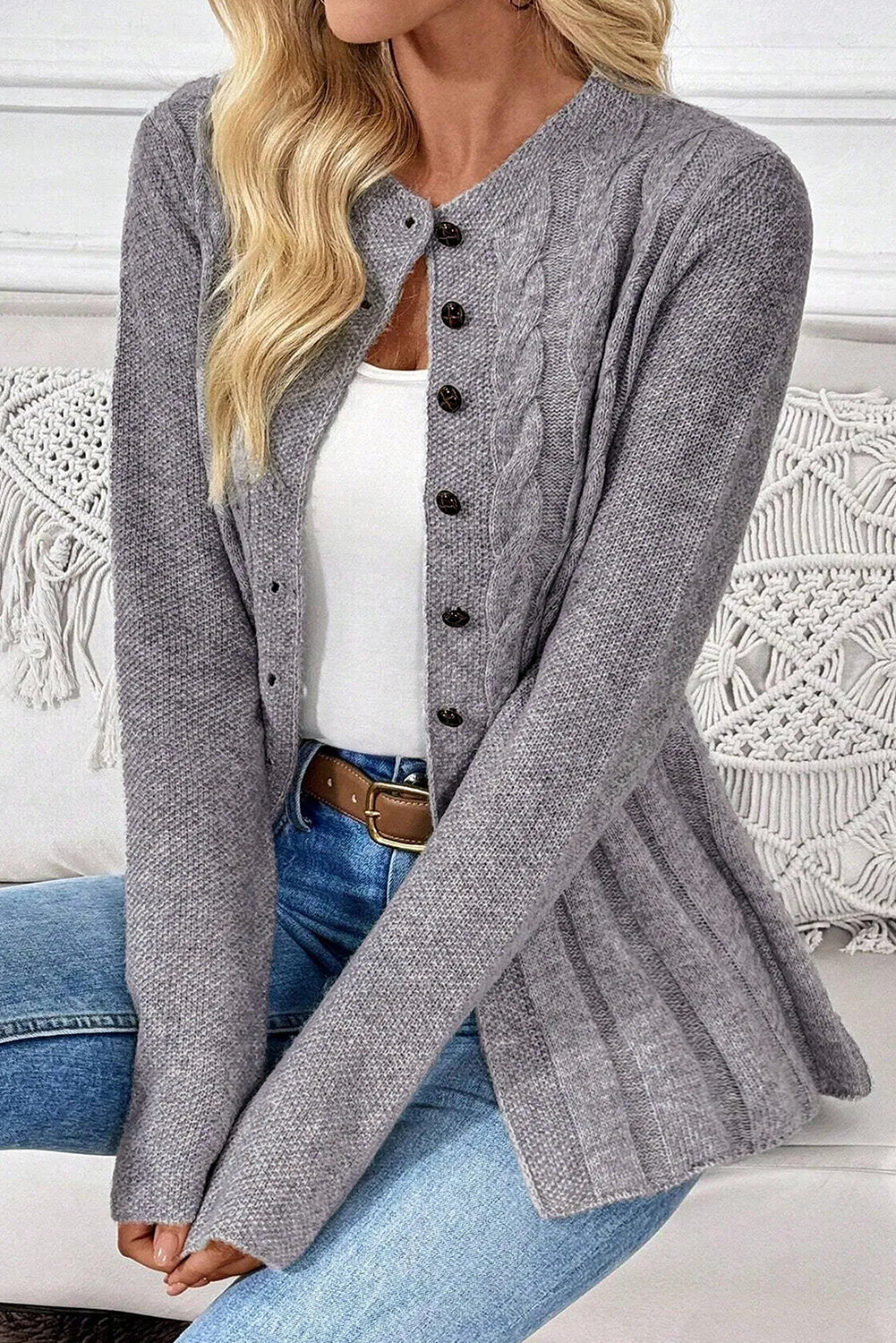 High Cable Knit Cardigan Sweater