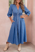 Blue 100% Cotton V Neck Shirred Waist Metal Zipper Denim Midi Dress