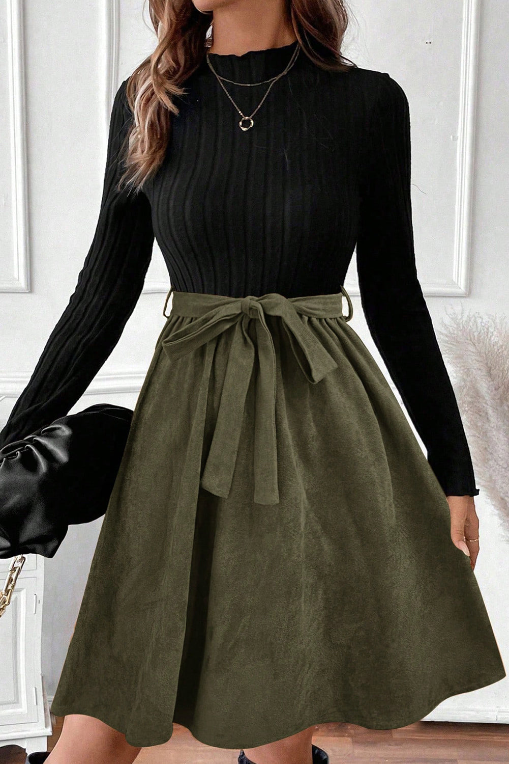 Black Ribbed Knit Slim Bodice Contrast Flared Skirt Patchwork Belted Dress