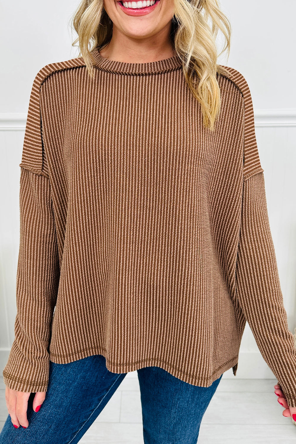 Parchment Twisted Rib Exposed Seam Detail Long Sleeve Loose Top